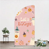 Aperturee - Aperturee Let’s Boogie Groovy Halloween Half Moon Arch Backdrop Cute Retro Ghost and Pumpkin Pink Spooky Themed Party Decor